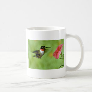 Rubin-throated Kolibri (Mann) mit Petunie Kaffeetasse