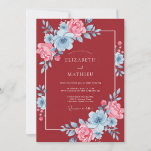 Rubinblaue rosa florale Wasserfarben-Hochzeit Einladung