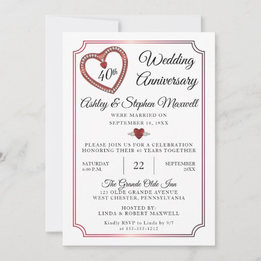 Rubine | Diamanten 40. Hochzeitstag Party Einladung (Vorderseite)