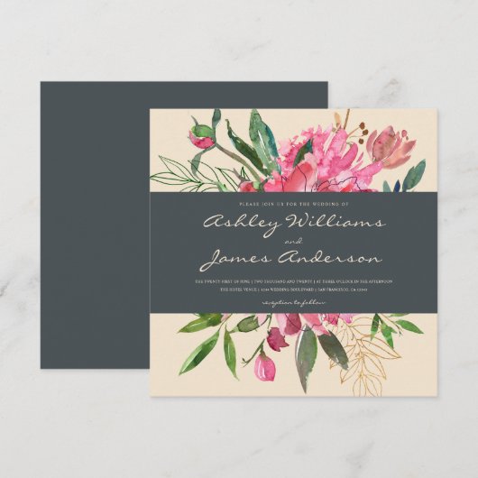 Rubinpäonien Blumen Hochzeitseinladung | Quadratis Einladung (Vorne/Hinten)
