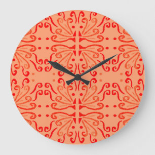 Rubinrot Floral: Tribales geometrisches Muster. Große Wanduhr