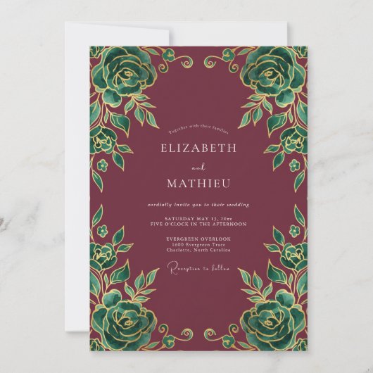 Rubinrote Emerald-Rosen-Hochzeit Einladung (Vorderseite)