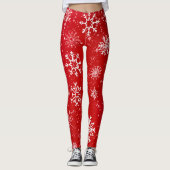 Rubinrote Festive Weihnachtsweiße Schneeflocken Leggings (Vorderseite)