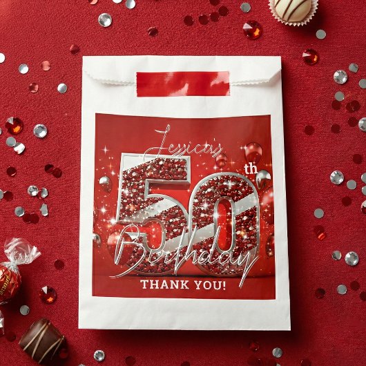Rubinrote Silber-Glitterballons 50. Geburtstag Geschenktütchen
