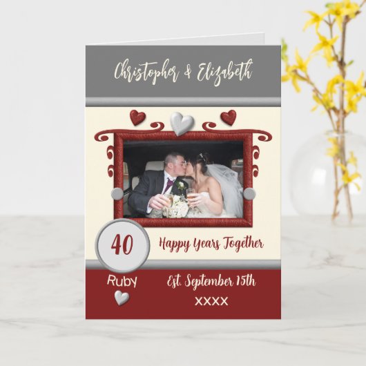 Ruby 40 Jahre Jubiläum Foto-Namen grau hinzufügen Karte (Gelbe Blume)