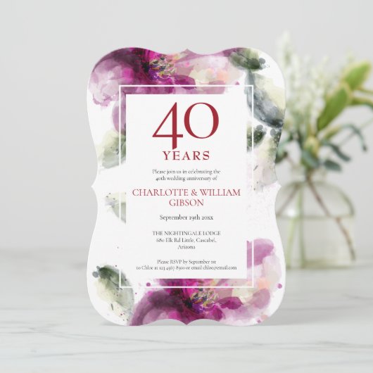 Ruby 40th Wedding Anniversary Elegant Floral Einladung (Stehend Vorderseite)