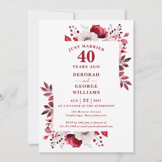 Ruby 40th Wedding Anniversary Monogram Floral Einladung (Vorderseite)