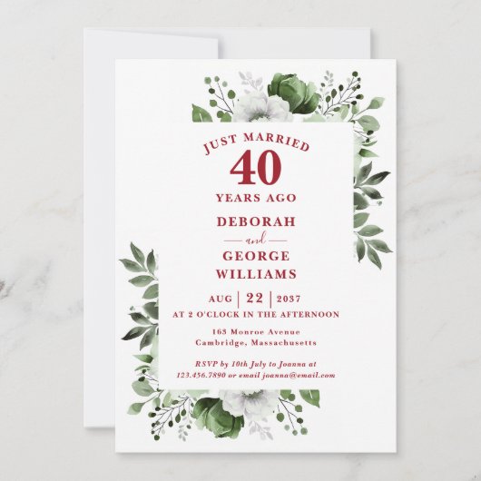 Ruby 40th Wedding Anniversary Monogram Floral Einladung (Vorderseite)