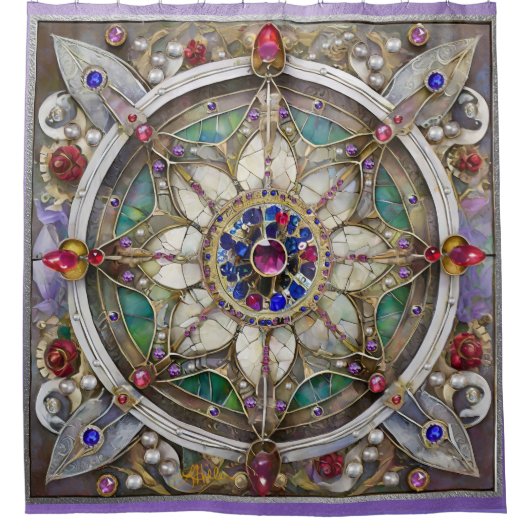 Ruby, Amethyst, Sapphire und Pearl Mandala Duschvorhang (Vorderseite)