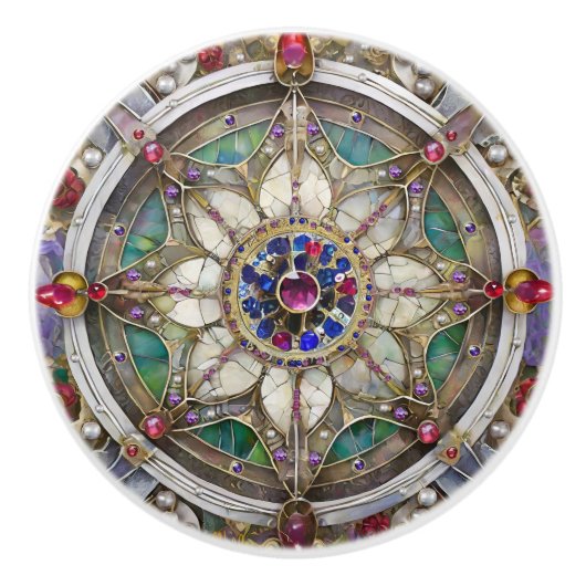 Ruby, Amethyst, Sapphire und Pearl Mandala Keramikknauf (Vorderseite)
