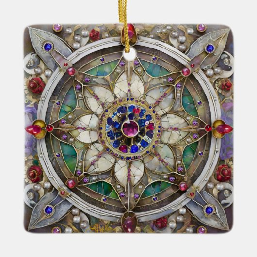 Ruby, Amethyst, Sapphire und Pearl Mandala Keramikornament (Vorderseite)