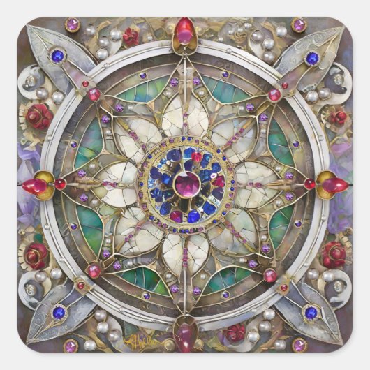 Ruby, Amethyst, Sapphire und Pearl Mandala Quadratischer Aufkleber (Vorderseite)