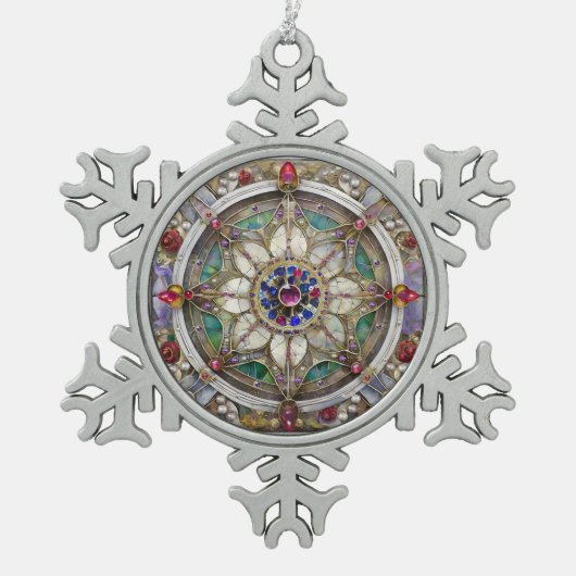 Ruby, Amethyst, Sapphire und Pearl Mandala Schneeflocken Zinn-Ornament (Vorderseite)