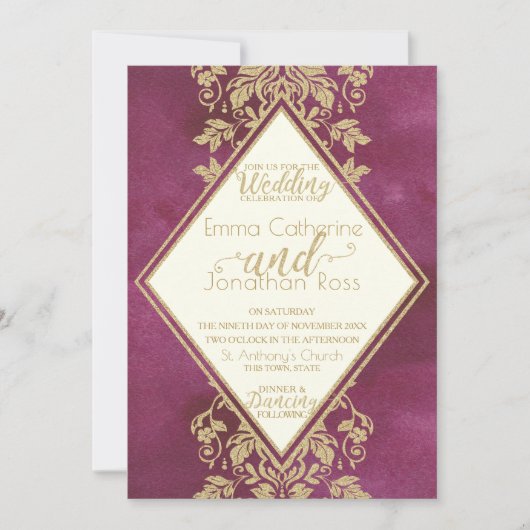 Ruby and Gold Damask Wedding Einladung (Vorderseite)