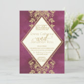 Ruby and Gold Damask Wedding Einladung (Stehend Vorderseite)