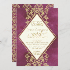 Ruby and Gold Damask Wedding Einladung