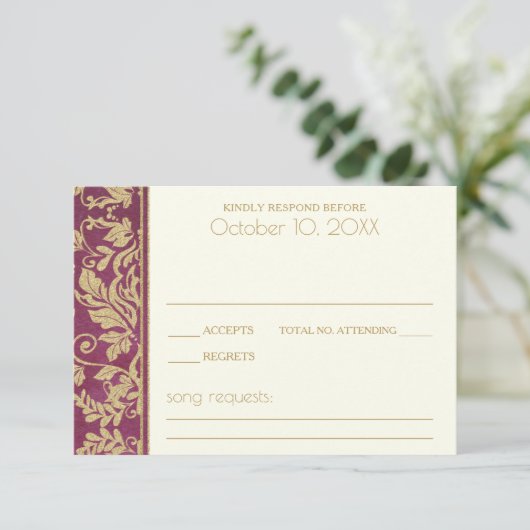 Ruby and Gold Damask Wedding Response RSVP Karte (Stehend Vorderseite)