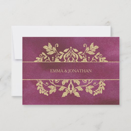 Ruby and Gold Damask Wedding Response RSVP Karte (Rückseite)