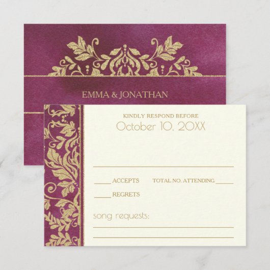 Ruby and Gold Damask Wedding Response RSVP Karte (Vorne/Hinten)