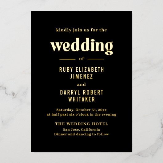 Ruby Black Modern Wedding Folieneinladung (Vorderseite)