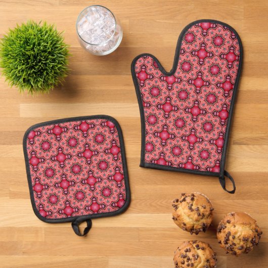 Ruby Bloom Tile - Ziermuster aus rotem Flor Ofenhandschuh & Topflappen-Set (Oben Unten)