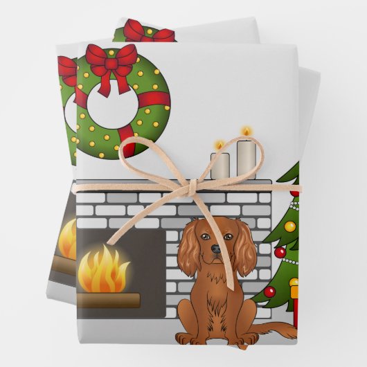Ruby Cavalier Dog in einem Weihnachtszimmer Geschenkpapier Set (Beispiel)