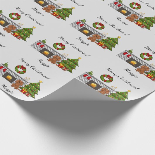 Ruby Cavalier Dog in einem Weihnachtszimmer & Text Geschenkpapier (Ecke)