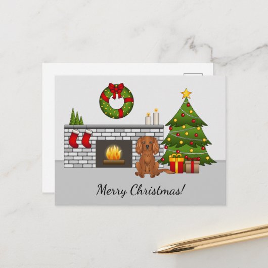 Ruby Cavalier Dog in einem Weihnachtszimmer & Text Postkarte (Vorderseite/Rückseite Beispiel)