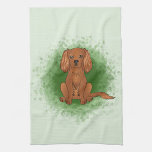 Ruby Cavalier King Charles Spaniel Dog On Green Geschirrtuch