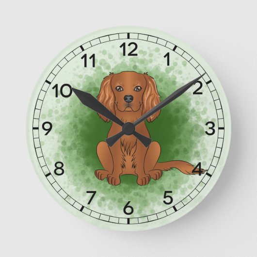 Ruby Cavalier King Charles Spaniel Dog On Green Runde Wanduhr (Vorderseite)