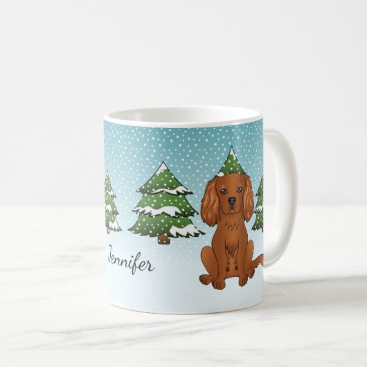 Ruby Cavalier King Charles Spaniel im Winter Kaffeetasse (VorderseiteRechts)