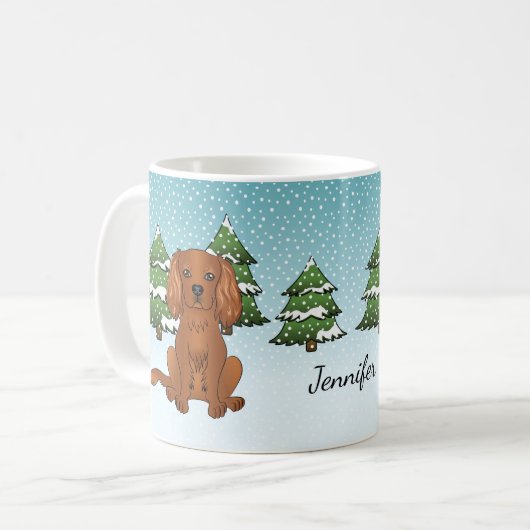 Ruby Cavalier King Charles Spaniel im Winter Kaffeetasse (Vorderseite Links)