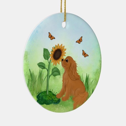 Ruby Cavalier King Charles Spaniel mit Sonnenblume Keramik Ornament (Rechts)