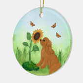 Ruby Cavalier King Charles Spaniel mit Sonnenblume Keramik Ornament (Links)
