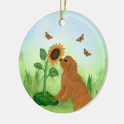 Ruby Cavalier King Charles Spaniel mit Sonnenblume Keramik Ornament (Links)