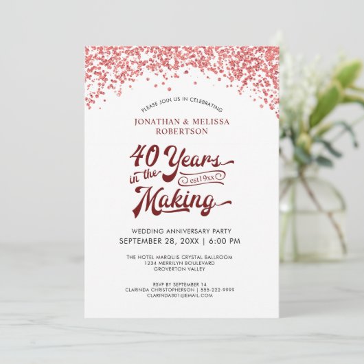 Ruby Confetti zum 40. Hochzeitstag Einladung (Stehend Vorderseite)