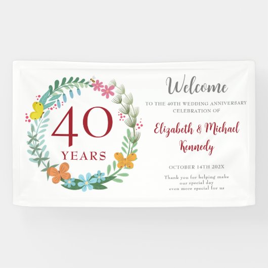 Ruby Floral Wreath Wedding zum 40. Jubiläum Banner (Horizontal)