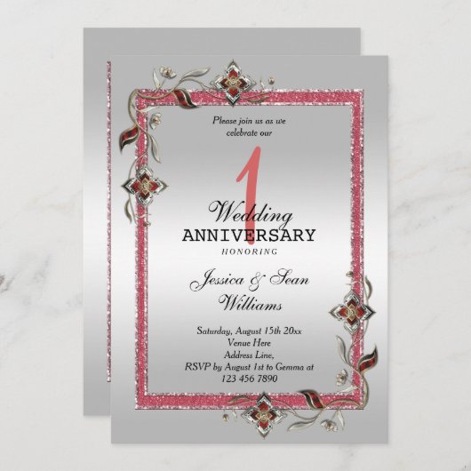 Ruby Gem, Glitzer & Silver 1. Hochzeit Einladung (Vorne/Hinten)