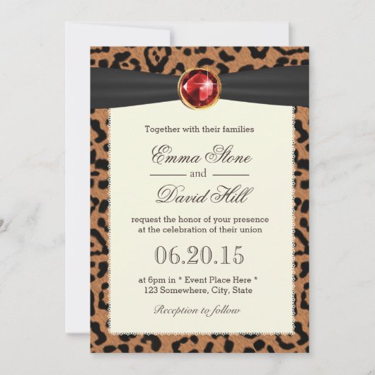 Ruby Gemstone Black Ribbon Leopard Print Wedding Einladung (Vorderseite)