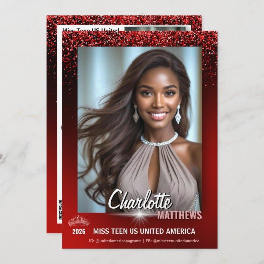 Ruby Glimmer Pageant Promo Card | QR Code Einladung (Vorne/Hinten)