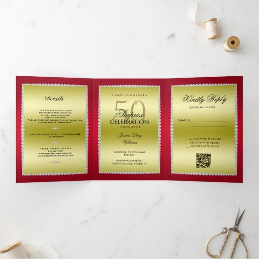 Ruby, Gold Foto, QR Code 50. Überraschung Geburtst Dreifach Gefaltete Einladung (Innenseite)