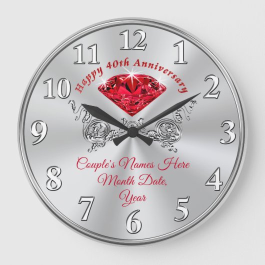 Ruby Happy 40th Anniversary Clock with Your Text Große Wanduhr (Vorderseite)