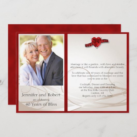 Ruby Heart 40. Hochzeitsfeier Einladung (Vorne/Hinten)