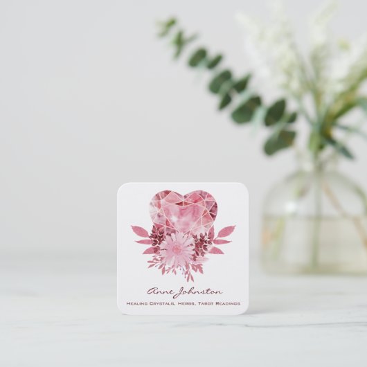 Ruby Heart and Blume Square Business Card Quadratische Visitenkarte (Stehend Vorderseite)