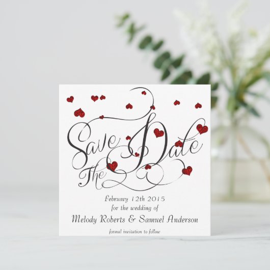 Ruby Heart Confetti Save the Date (Stehend Vorderseite)