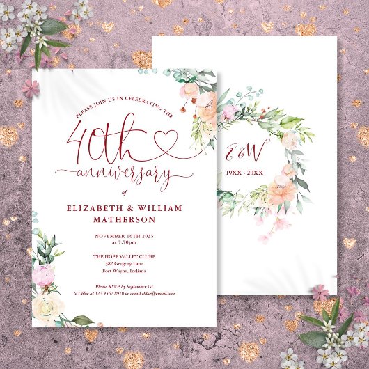 Ruby Heart Floral Monogram zum 40. Jubiläum Einladung