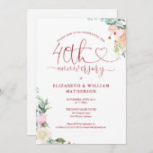 Ruby Heart Floral Monogram zum 40. Jubiläum Einladung (Vorne/Hinten)