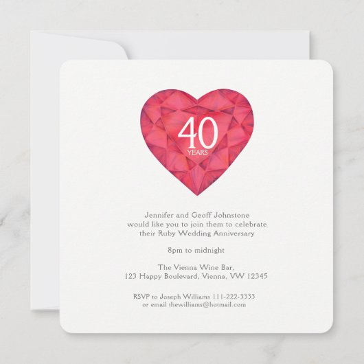 Ruby Hochzeit Liebe so stark Herzfarbe Einladung (Rückseite)