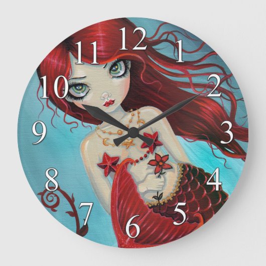 Ruby Mermaid Fantasy Art Clock Große Wanduhr (Vorderseite)