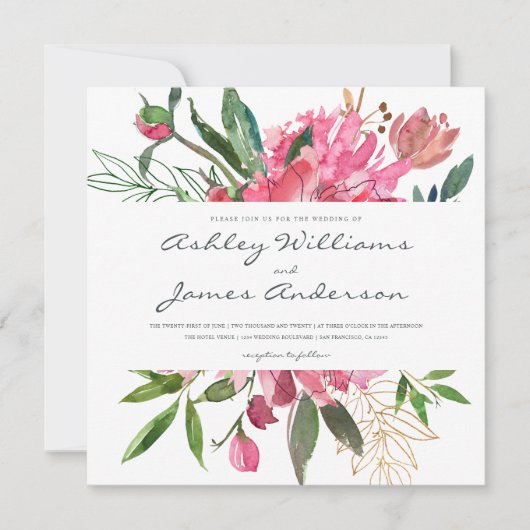 Ruby Peony Floral Wedding Einladung | Platz (Vorderseite)
